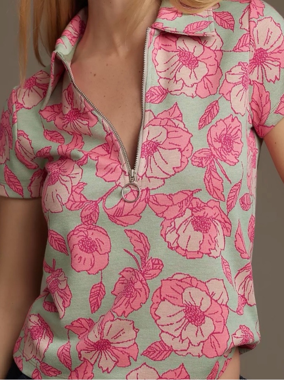 Anthropologie Mint Green and Pink Floral Zip Polo Shirt